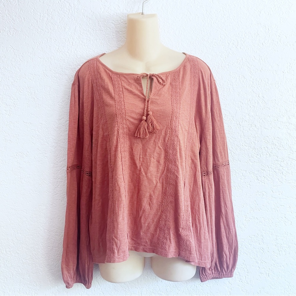 Lucky Brand Peasant Boho Rust Long Sleeve Eyelet MEDIUM Casual Tassel